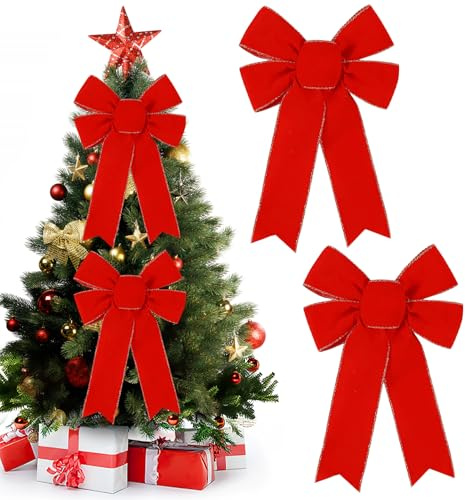 Lazos Rojos Arbol Navidad, 2 PCS Lazo Terciopelo Rojo, 33 x 23cm Lazos para Arbol de Navidad, Lazo Puerta Navidads, Adornos Navidads para Coronas Navideñas, Cajas de Regalo, Ventanas (2 PCS)