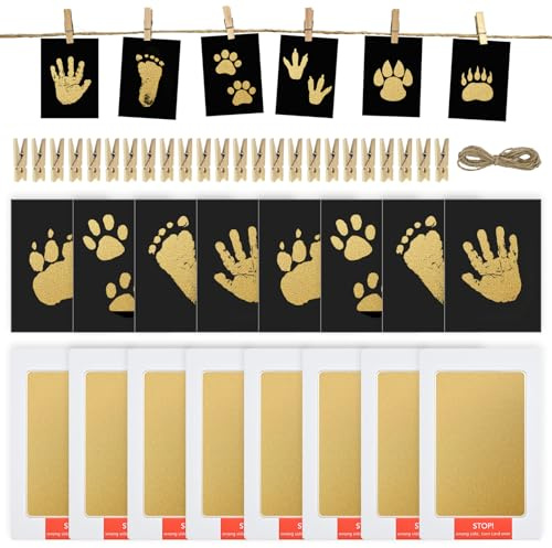8 st baby-handavtryck och fotavtryck, babyavtrycksset ren touch stämpelkuddar fotavtryck med 8 x Clean Touch stämpelkuddar 24 x klämmor och klämmor snöre för baby shower familj gåva