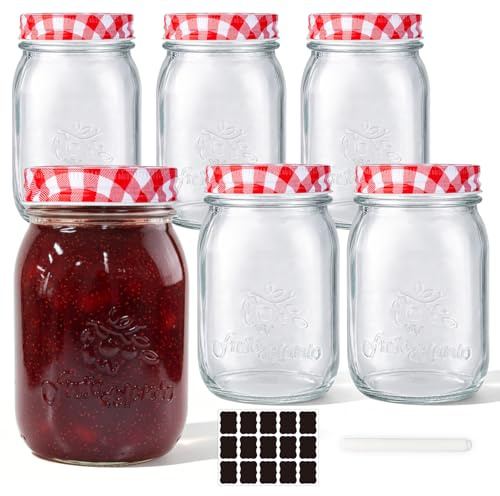WERTIOO 6 Stück Einmachgläser mit Red Deckel, 480ml Marmeladengläser | Einmachglas mit Schraubdeckel, Mason Jar für Overnight Oats, Meal Prep, Konservieren, Aufbewahrung und Luftdicht