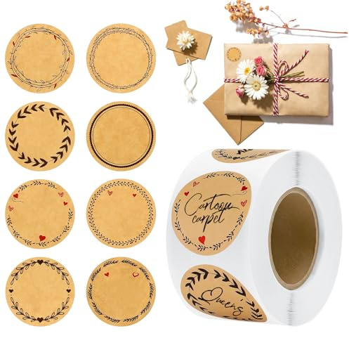 Freyeeti Kraft - 500 etichette adesive in carta kraft da scrivere, per marmellate, rotonde in stile 8, fatte a mano, per barattoli di marmellata, sacchetti regalo