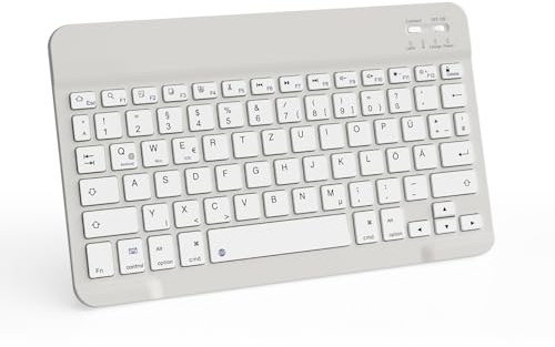 JKSML Tragbare Kabellose Bluetooth Tastatur, Deutsche QWERTZ Layout | für iPad Air/Pro/Mini/iPad 11/10,9/10,5/10,2/9,7 Zoll/iPhone, Tablet, Android, Smartphones, Ultradünn Slim - Grau