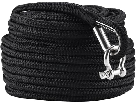 NovelBee 1/2in x 100ft Boat Anchor Rope,Double Braid Nylon Anchor Line with Stainless Steel Thimble and Shackle,Heavy Duty Nylon Rope for Boat,Towing,Docking,Mooring (Black)