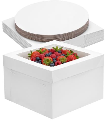 Moretoes 30 Pack Cake Boxes 12 Inch with Cake Boards (15 Boxes & 15 Boards), 12x12x8 Inch Carrier with Window for Cajas Pasteles, White Bakery Containers Disposable Boxes for Birthday, Party