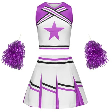 Cheerleader Kostüm Kinder, Kinder Mädchen Cheerleader Uniform Ärmellos Top und Rock mit Pompoms Metallic Patchwork Tanzkleid Karneval Fasching Party Kostüm Cosplay, 7-14 Jahre, Lila