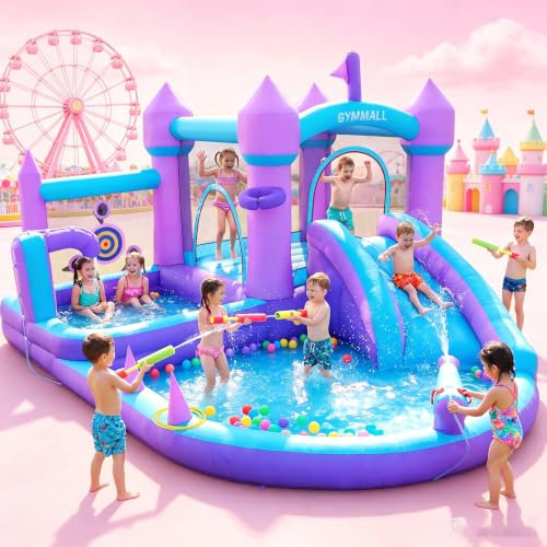 GYMMALL Inflatable Bouncy Castle, Purple Dream House Bounce House with Water Slide and 480W Air Blower, Large Bouncy House with Jumping Space, Ball Pit, Swim Pool, Ring Toss, Basketballs