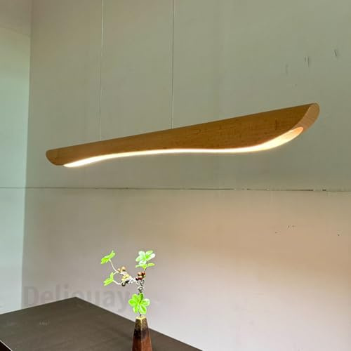 Deliouay Holz LED Pendelleuchte esstisch Dimmbar Linear Design Hängeleuchte Esstisch lampe Lineare Hängelampe mit Fernbedienung Kronleuchter höhenverstellbar für Esszimmer Büro Küche (Holz, 100cm)
