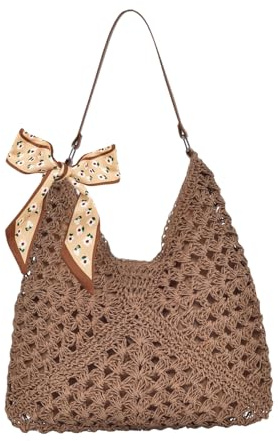 HTTDSLF Bolsos de Paja Mujer Verano, Elegante Bolso de Mano Bohemio, Práctico Bolso de Hombro Rafia para Mujer, Bolsos Tejidos Crochet, Tote Bag Para Viaje Fiesta Vacaciones (Marrón)