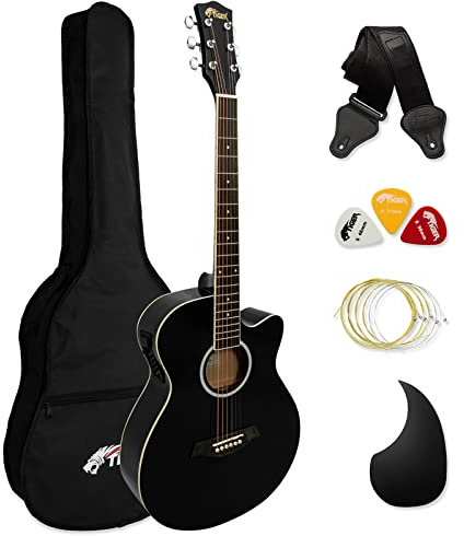 TIGER ACG4-BK Full-Size Elektro-Akustische Gitarre, Paket für Anfänger, mit eingebautem Tuner und EQ - Schwarz | Für Anfänger, Packung enthält Gigbag, Gurt und Ersatzsaiten