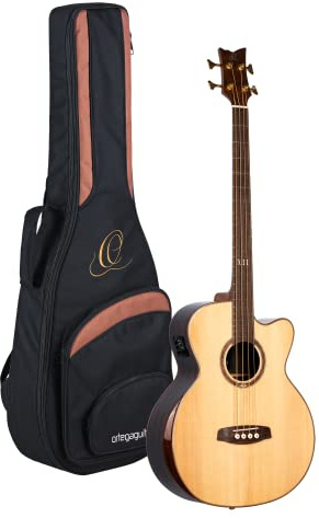 Ortega Guitars Bass Elektro-Akustisch 4-Saitig – Medium Scale, mit Cutaway, Armrest – The Private Room Series – Massive Alaska Fichte / Gestreiftes Ebenholz, Hochglanz Natur (STRIPEDSU.ACB)