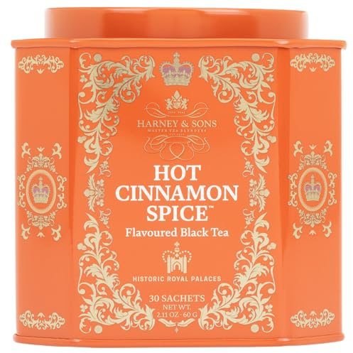 Harney & Sons Hot Cinnamon Spice Tea | Tin of 30 Sachets of Spicy Black Tea with Orange Peel (Tin Design May Vary)