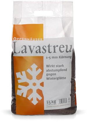 OPPENHÄUSER Lava-Granulat 15kg: Stark abstumpfend & rutschhemmend mit Sofortwirkung, umweltfreundlich & tierfreundlich, salzfrei, für Straßen und Gehwege, gebrochen & gesiebt, Premium Qualität