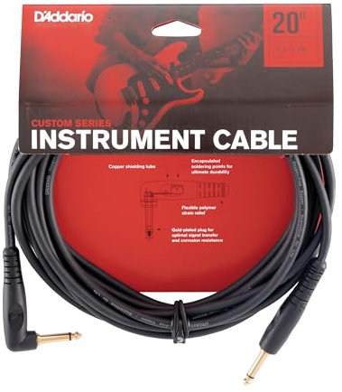 D’Addario Accessories Custom Series Guitar Cables - Instrument Cable with ¼ Inch Ends - High Performance Guitar Cord - For Guitars, Bass, Keyboards - Mono - Right Angle, 20 feet