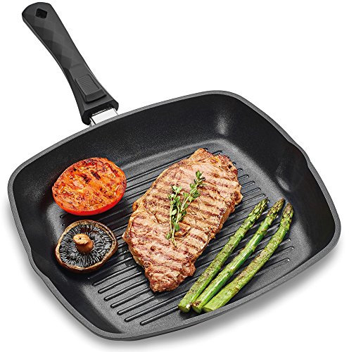 Andrew James Griddle Pan for All Hobs, Steak Skillet for Induction, Gas BBQs, Fire Pits & Camping Stoves, Oven-Proof Non-Stick Aluminium Frying Grill with Removable Handle, Chargrilled Meat Fish & Veg