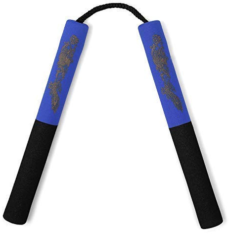 Nunchucks en mousse avec cordon – Demi bleu/moitié noir dragon