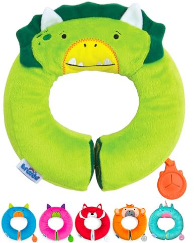Trunki Kid's Travel Neck Pillow And Chin Rest | Support Sleepy Heads in the Car Seat, Plane, Bike or Pram | Yondi SMALL Dudley Dinosaur (Green)