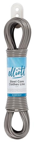 Elliott Steel Core Clothesline, 15 Meters, Extra Strong, PVC Coated Weather and Rust resistant Washing Line. Laundry Essential for outdoor use, laundry rooms and camping,White/Grey