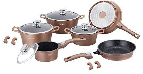 ROYALTY LINE SET 14 PEZZI IN PIETRA PENTOLE PADELLE , MODELLO RL-ES2014M - RAME, PADELLE CON MANICO A SGANCIO RAPIDO