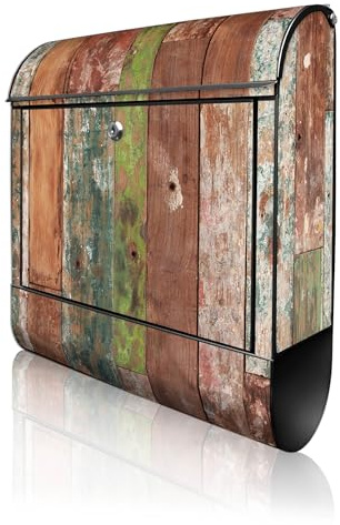 banjado Design Briefkasten 38,5x46,5x13cm & 2 Schlüssel - Briefkasten Stahl Schwarz mit Zeitungsfach pulverbeschichtet - Postkasten A4 Einwurf inkl. Montagematerial - Motiv Buntes Holz