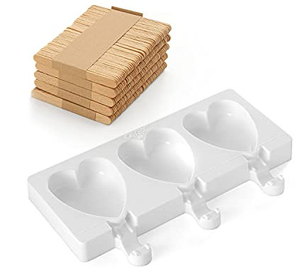 silikomart | GEL03M Silikon Eiscremeform MINI HEART-IC, Antihaft, 3 Eiscreme Herzen, Packung mit 1 Form + 50 Holzstäbchen, Easy Ice Cream, 67 x 55 mm, h 18 mm, Made in Italy