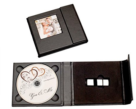 Custodia per chiavetta USB e DVD con cornice inclusa, motivo matrimonio, in similpelle di colore nero