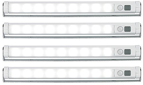 Lunartec Batterie-Lichtleiste: 4er-Set Schwenkbare Lichtleisten, PIR, 9 SMD-LEDs, tageslichtweiß (Batteriebetriebene Lichtleiste, Bewegungssensor, Kleben)