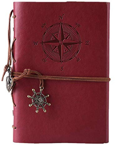 Journal en cuir ordinateur portable, carnet à spirales rechargeable Maleden rechargeable Journal de voyage en relief classique avec pages vierges et pendentifs vintage rouge vin