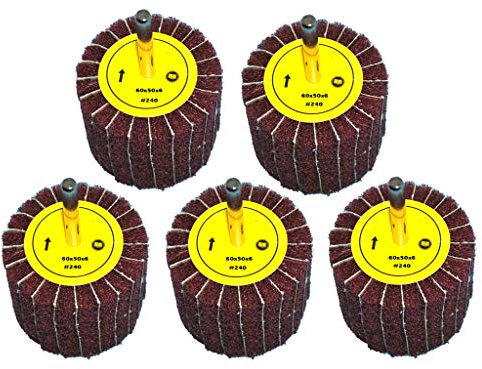 5 Stück Fächerschleifer mit Vlies-Gewebekombination 60mmx50mm, 6mm Einspannschaft, Körnung: 240 - Schleifmopstift, Lamellenschleifer, Schleifmop Schleifvlies, Lamellenrad mit Schaft.