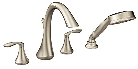 Moen Eva Brushed Nickel Two-Handle Deck Mount Roman Tub Faucet Trim Kit with Single Function Handshower, Valve Required, T944BN