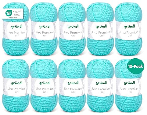 Gründl Wolle Lisa Premium uni - 10 x 50 g - Wolle zum Häkeln - Wolle zum Stricken - 100 % Polyacryl- Weich & Pflegeleicht- Nadelstärke 3,5-4,5 - Pasteltürkis