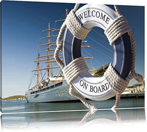 Pixxprint Rettungsring vor Schiff, Größe: 80x60cm, Leinwandbild, fertig gespannt, Wandbild, Dekoration, Kunstdruck, kein Poster