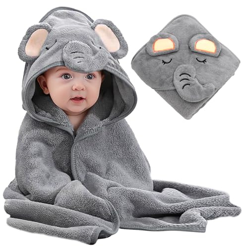 Lexikind Kapuzenhandtuch Baby kuscheliger Bademantel aus Frottee oder Mikrofaser | Babyhandtuch mit Kapuze | lustiges Kapuzenbadetuch (Elefant)