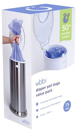 Ubbi Nappy Bin Liners, Diaper Pail Refill Bags, Large Bin Bags, Disposable Waste Bags, 49.2 litres, Value Pack - 75 Count