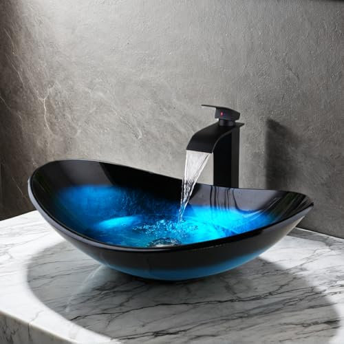 OUBONI Blue Vessel Sink Oval Glass Vessel Sink with Waterfall Faucet and Pop-Up Drain Boat Shape Bathroom Sink Above Counter,Artistic Tempered Glass Vessels Sinks Bowl