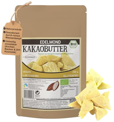 Edelmond Bio Kakaobutter 200 g, desodoriert, neutral, zum Backen & für DIY | Mit Wasserdampf gereinigt und ohne Zusatzstoffe, ideal zum Backen, Kochen und für eigene Schokolade,
