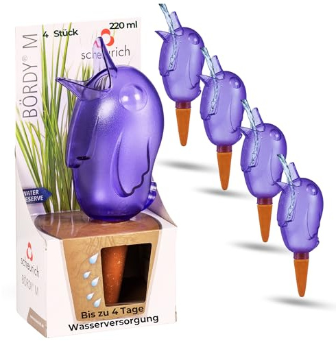 Scheurich Wasserspender Bördy M | 4 x Lila | 220ml Füllmenge | Bewässerungskugeln klein mit Ton Fuß | Wasserspender Pflanzen und Blumen Terrakotta Stiel