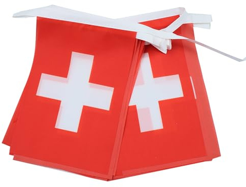 AZ FLAG Wimpelkette Schweiz 4 m 20 Flaggen Leichtes Polyester 15x10 cm | Für innen und außen Helvetische Flaggenkette Flaggen auf verstärktem Band vernäht
