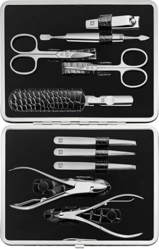 ZWILLING Maniküre-Set (10 teilig, Komplettset für Finger- und Fußnägel, Echtleder Etui mit Metallrahmen), Edelstahl Poliert, Kroko Edition, Schwarz