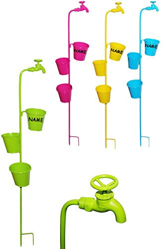 alles-meine.de GmbH 3 Stück Gartenstecker mit Blumentöpfen - Wasserhahn - Bunte Farben - incl. Name - Gartenspieß aus Metall - Blumentopfhalter - Hängetöpfe - für Balkon & ..