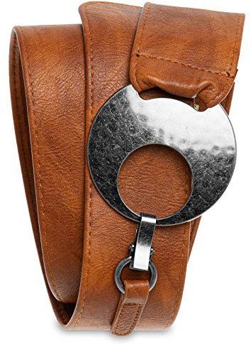 Caspar GU225 Breiter Damen Gürtel mit großer runder Metallschnalle, Gürtelgröße:105, Farbe:cognac