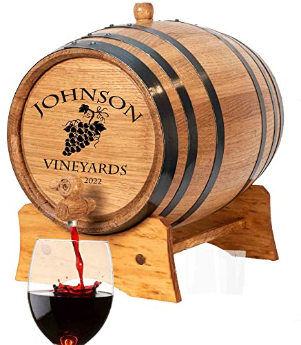 Personalized 2 Liter Oak Wine Barrel (0.5 Gallon) with Wood Stand, Bung & Spigot - Premium Toasted, American Small 2L Wine Barrels For The Home Wine Maker & Craft Distiller (V16)