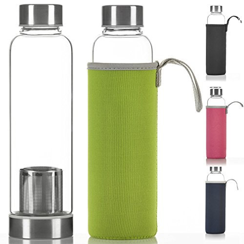Dimono Deluxe Trinkflasche aus Glas 600ml - Sport Glasflasche Wasser-Flasche; bruchsicher mit Edelstahl Filter-Einsatz & Nylon Thermo-Hülle (Grün mit Filter)