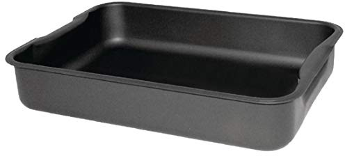 Vogue Baking Dish Hard Anodised - 325x225x45mm12 3/4x8 1/2 x1 3/4 | Deep construction distributes heat evenly across the base, while integrated handles offer a secure grip during service.