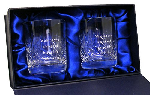 County Engraving Pair of Personalised 10oz Cut Crystal Whisky Glasses with Luxury Gift Box; Beautiful Wedding, Anniversary or Valentine's Gift Enter Your Own Custom Text