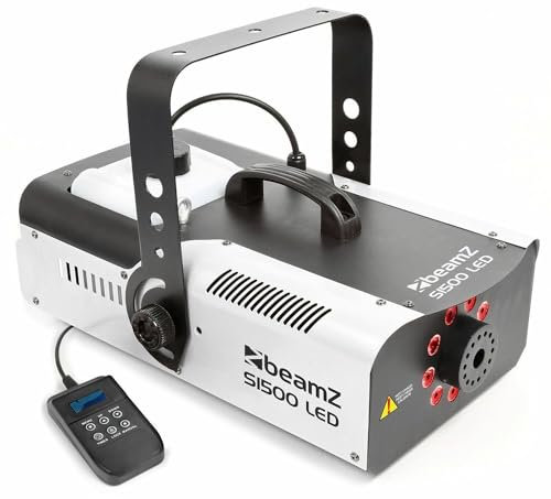 Beamz S1500 LED Máquina de Humo de 1500W con 9 Leds de 3W RGB, DMX de 6 canales, depósito de 2,5 litros, mando a distancia con cable de 3 metros y mando inalámbrico, maquina humo discoteca, halloween