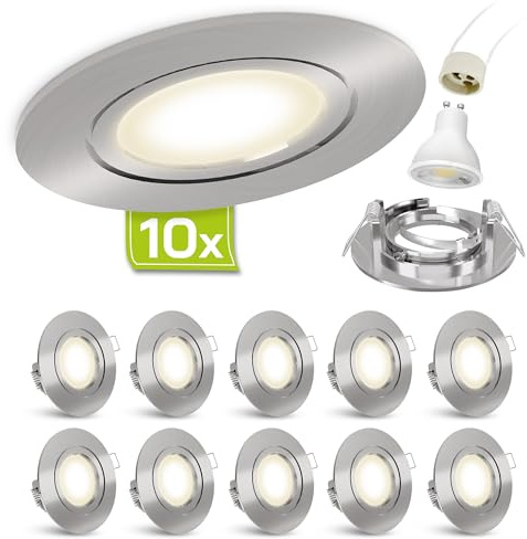 linovum 10er Set Einbaustrahler LED GU10 230V - runde Einbauspots Edelstahl gebürstet Optik inkl. LED GU-10 neutralweiß 3W
