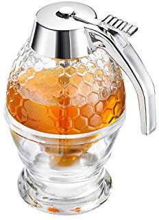 Westmark Honigbirne/Honig-Dosierer mit Untersatz, Fassungsvermögen: 200 ml, Wabenmuster, Glas/Kunststoff, Deluxe, Transparent/Silber, 65132260