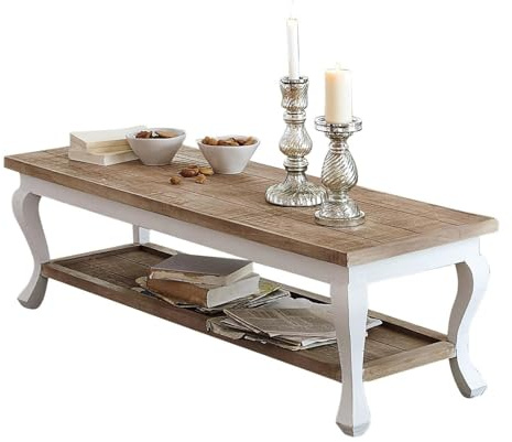 Loberon Couchtisch Riverside, Im Long-Island-Stil, Naturbelassene Ablagen, Elegant Geschwungene Tischbeine, Sofatisch, Wohnzimmertisch, Mangoholz, braun/antikweiß