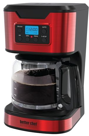 Better Chef Programmable 12-Cup Coffee Maker | 1-4 Cup Setting | Auto-Pause to Serve | 2hr Keep Warm | Perma-Filter | Stainless (Red)