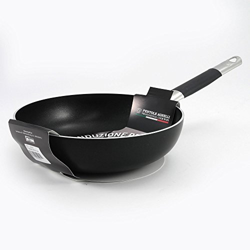 Pentole Agnelli Aluminium 3 Mm. Thick Fondo Induction Black Straight Frying Pan with Cool Handle, Diameter 24 Cm.