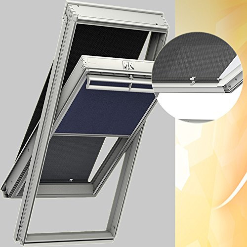 Original VELUX Hitzeschutz-Set Nacht Verdunkelungsrollo + Markise DOP UK04 1100 / Dunkelblau passgenau für GGL GPL GHL GTL UK04 mit Aluminium Führungsschienen // DOP UK04 1100S